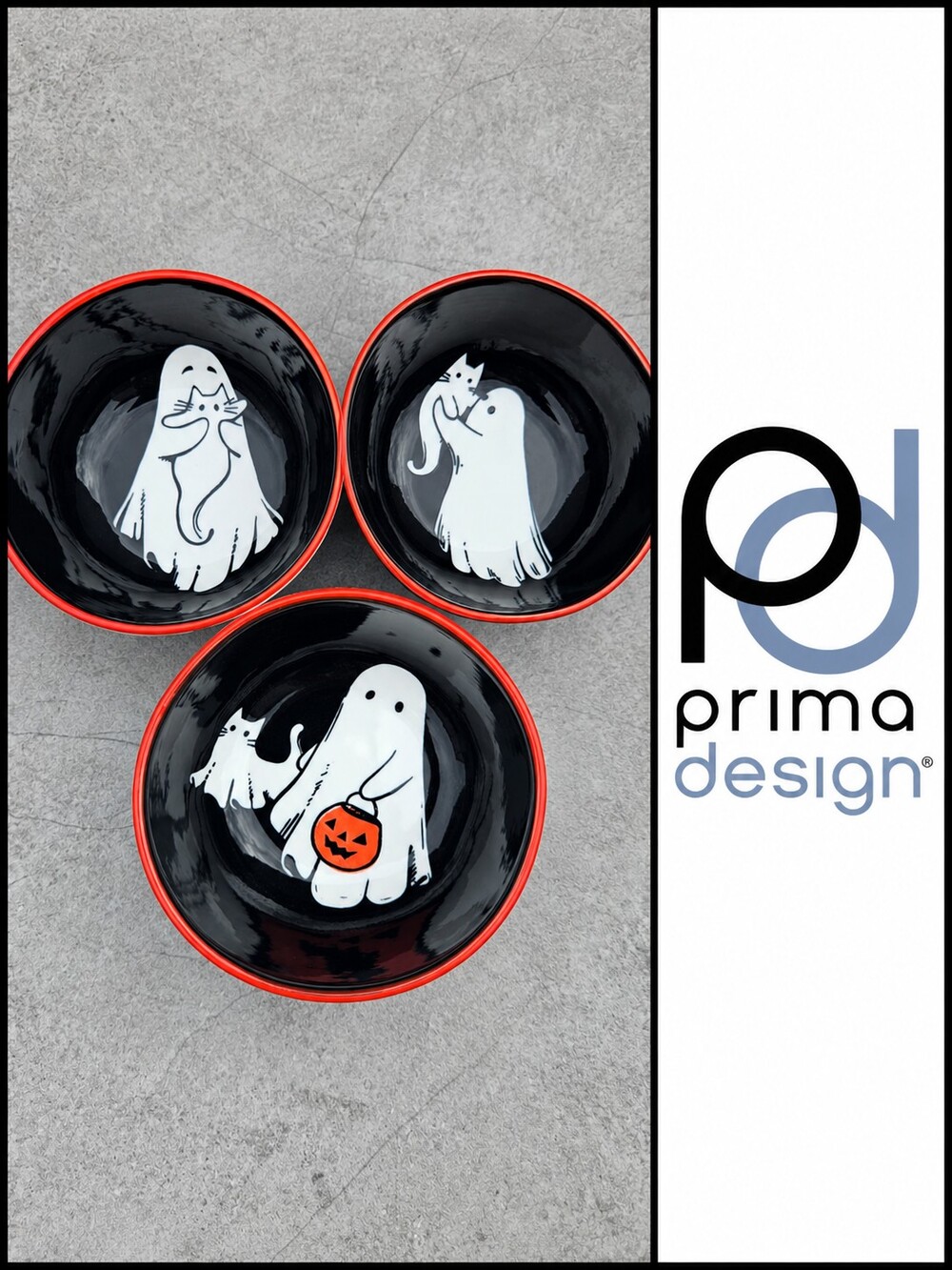 NWT Prima Design Halloween Ghost & Cat Ceramic Bowls Set of 3 Black Orange